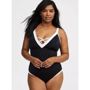 Torrid 3X Wire-Free Strappy Cheeky One Piece Swimsuit Deep Black Cloud Dancer